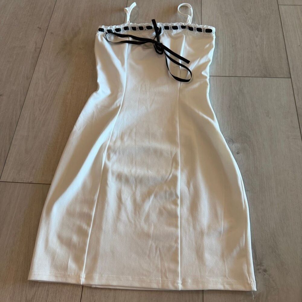 White Spaghetti Strap Dress with Black Tie Detail